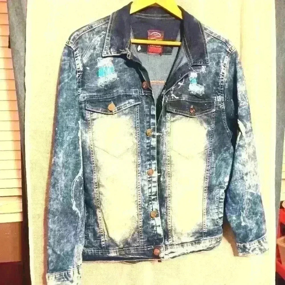 Women's Juniors XL GS 115 Acid Wash Distressed Patchwork Button Down Jean Jacket - Picture 1 of 16
